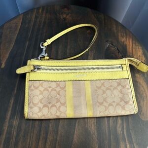 Coach Signature Striped Wristlet 48028 Light Khaki/Citrine Fabric Leather